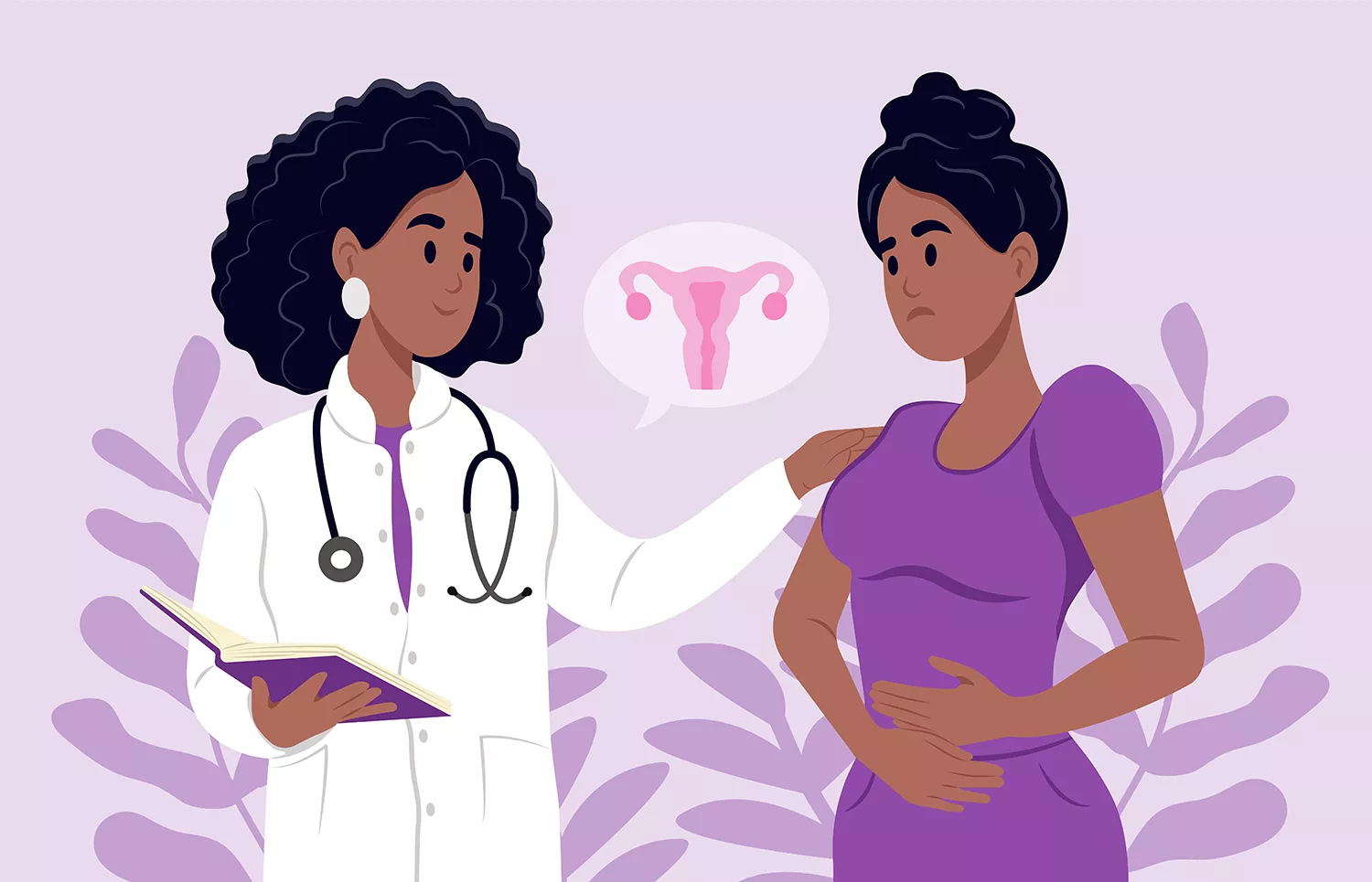 Cartoon de médica mulher com paciente com problemas de infertilidade