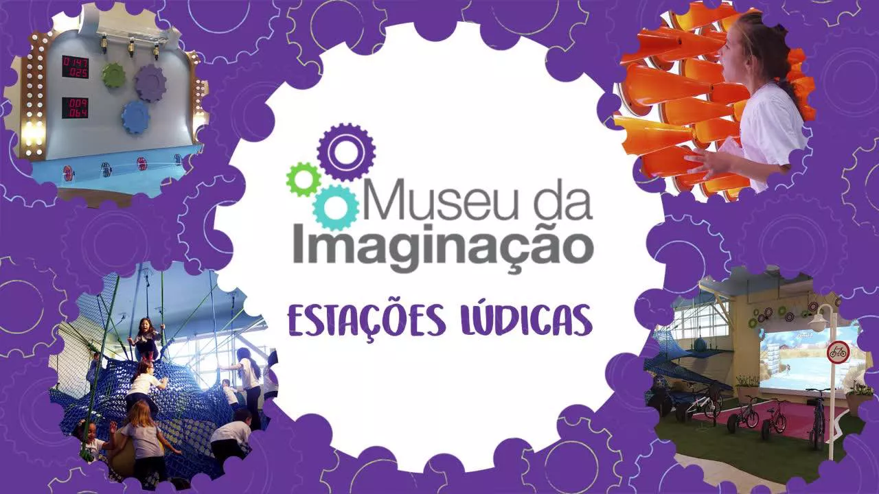 Logo e imagens do Museu da Imaginação mostrando as estações lúdicas - Just Real Moms