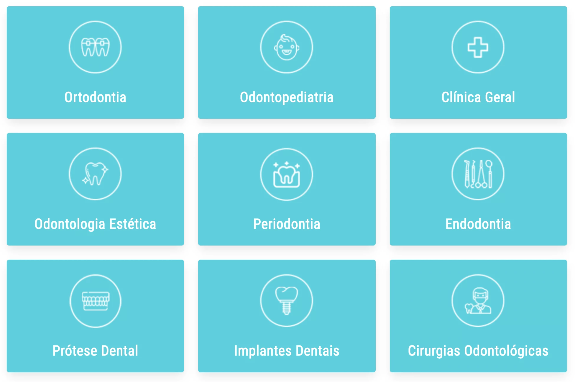 Listagem das 9 diferentes especialidades da Clínica Frigo, da Dra. Juliana Frigo, conhecida como MamaOdonto.