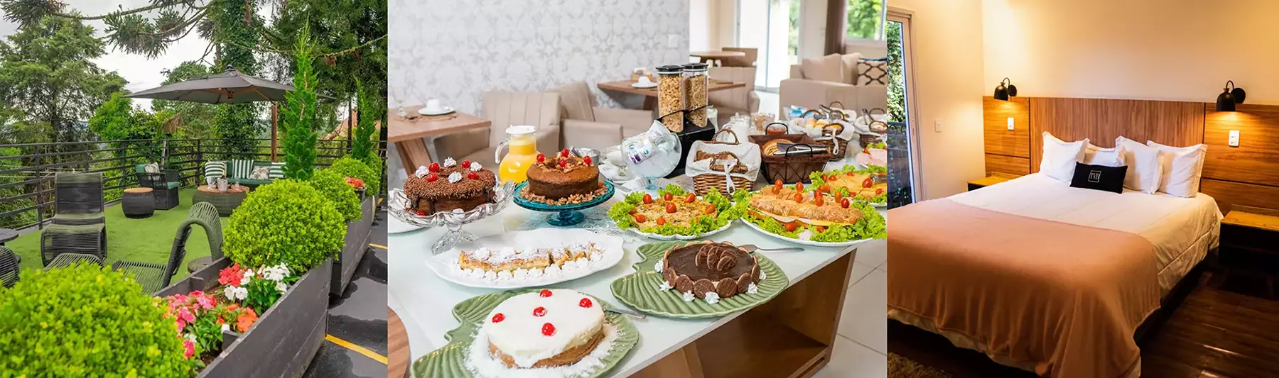 Area externa da pousada em Campos do Jordão - Ti Voglio Bene, mesa de café da manhã e foto do quarto de casal - Just Real Moms