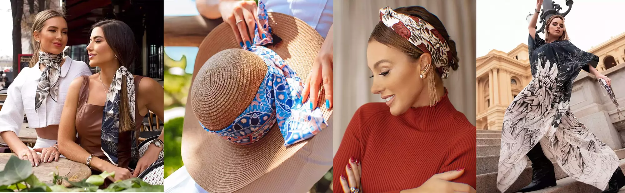 3 maneiras de usar lenço - pescoço, chapéu, como tiara e uma mulher vestindo kaftan - Just Real Moms
