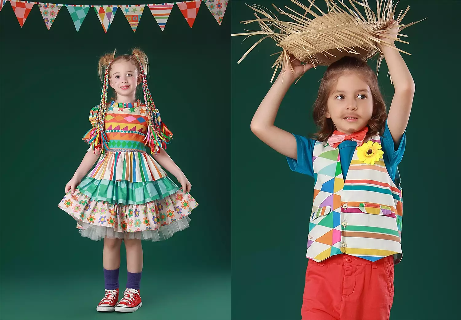 Menina de Vestido e menino usando colete e bermuda vestidos para Festa Junina - Just Real Moms