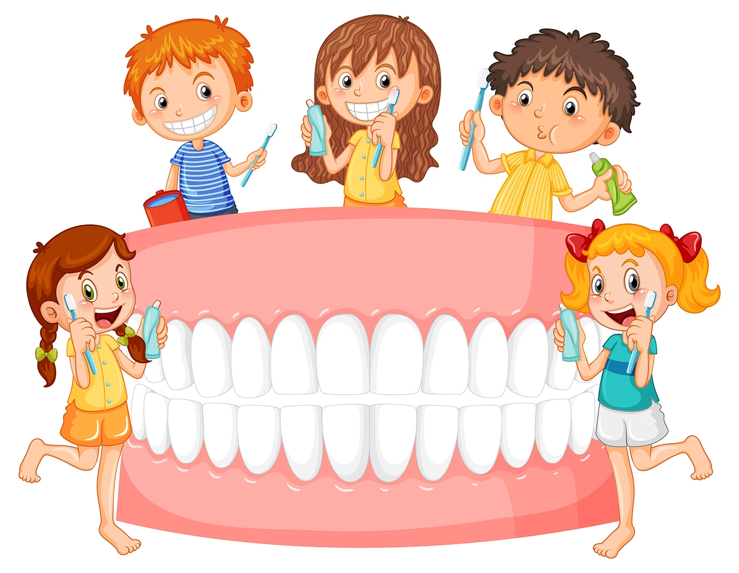 Desenho animado com 5 crianças com escovas de dente e uma grande dentadura - Just Real Moms