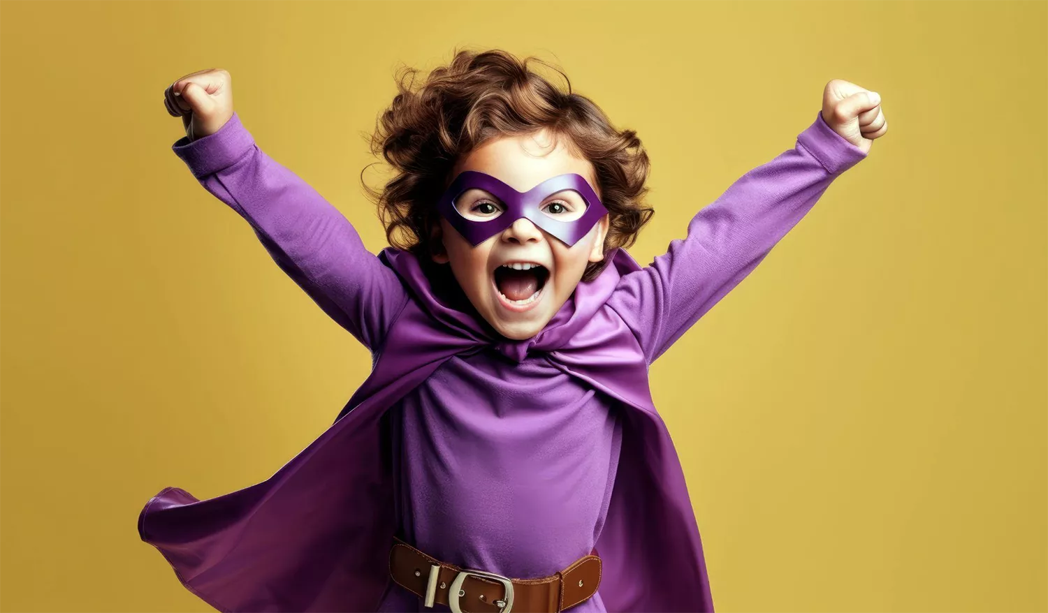 Menino vestido de super-herói em fundo amarelo - Just Real Moms