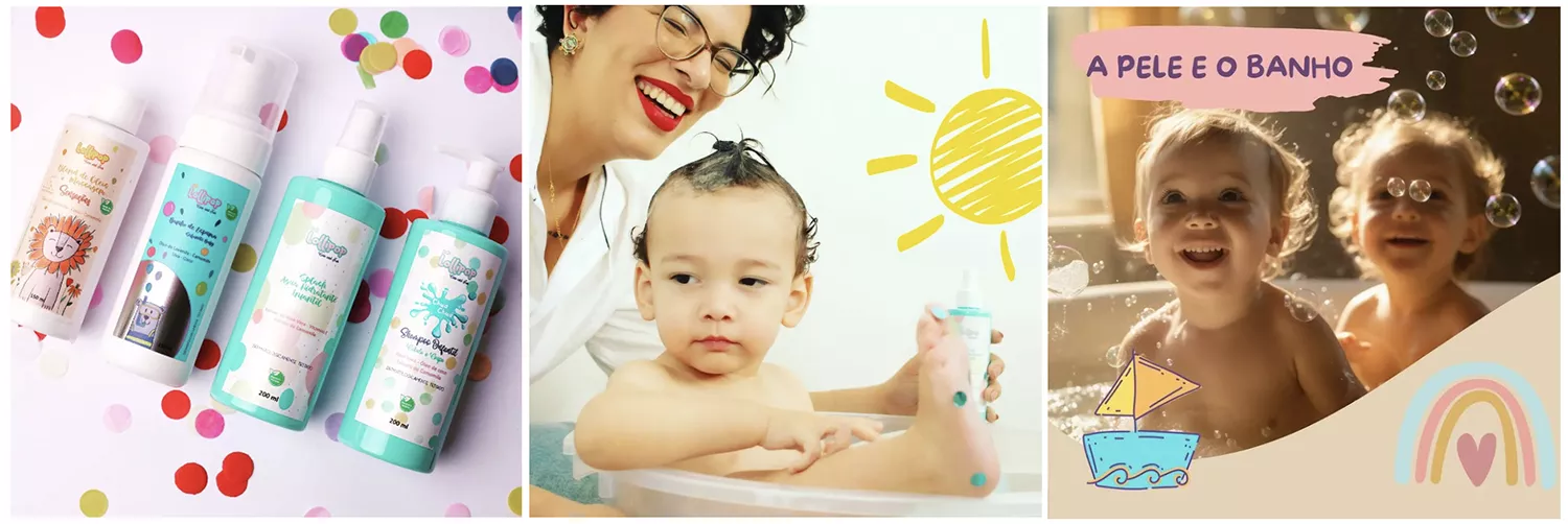 3 fotos de produtos e crianças da Atelier Lollipop que faz produtos de higiene infantil