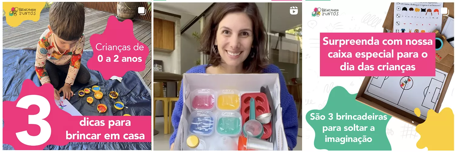 3 fotos dos brinquedos da Brincando Juntos, sendo uma delas a fundadora Vera Duarte segurando a caixa de brincadeiras