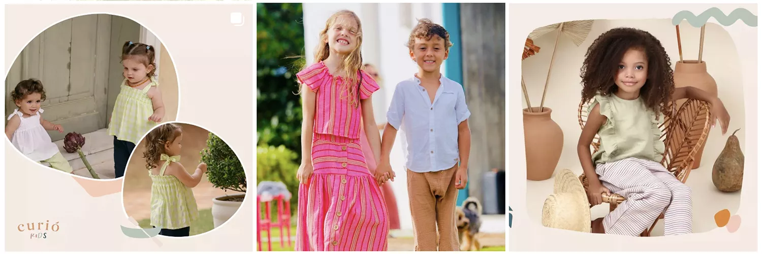 3 fotos da coleção da Curió Kids moda infantil