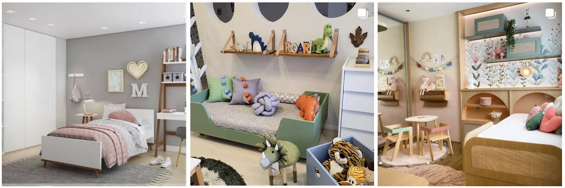 Fotos de projeto de quarto do Atelier Mama Art, Kartoon Baby e Bicho Papão (respectivamente)