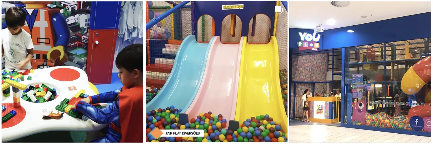 3 imagens da brinquedoteca YouPlay, um espaço de entretenimento infantil dentro de shopping centers