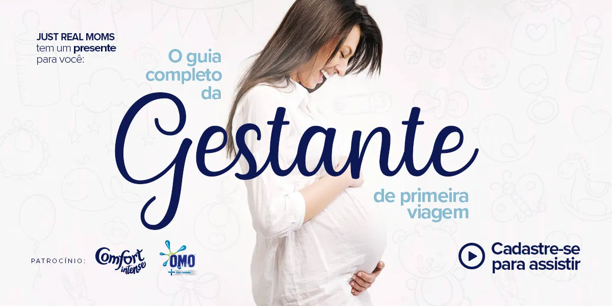 Banner do Curso de Gestantes do Just Real Moms, com patrocínio de Confort Intense e Omo