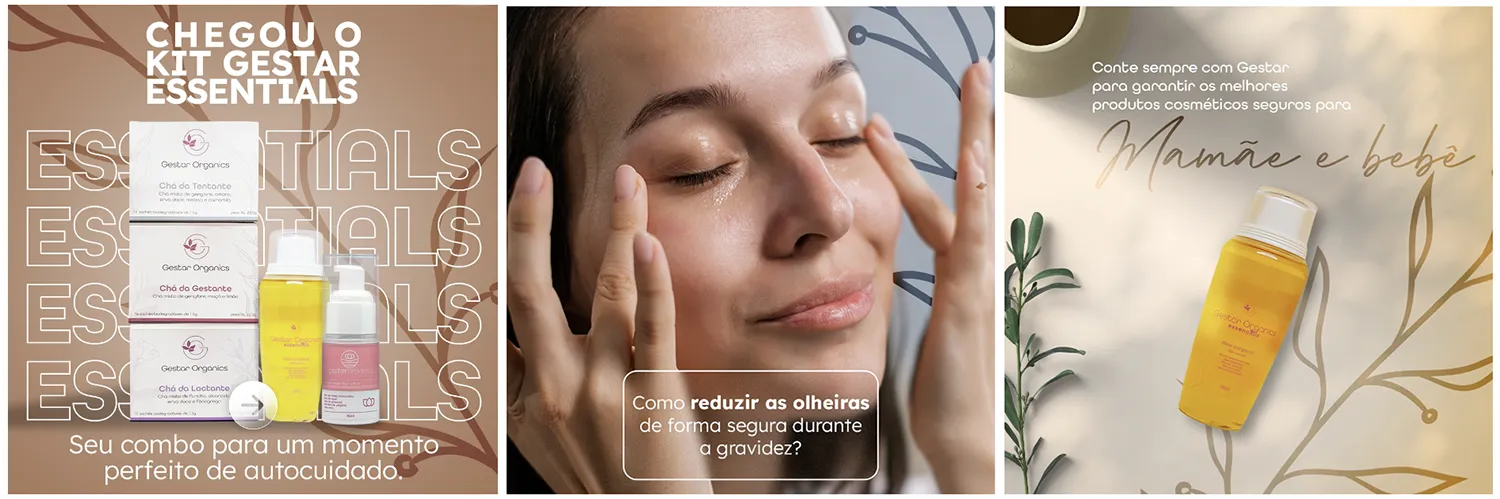 3 fotos de campanha da Gestar Organics - marca de cosméticos para tentantes, gestantes e lactantes
