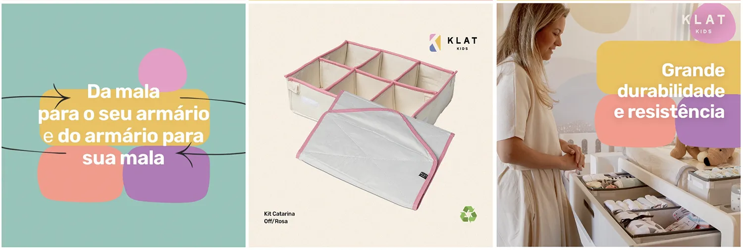 3 fotos do Instagram da Klat Kids - marca de organizadores de armário e mala