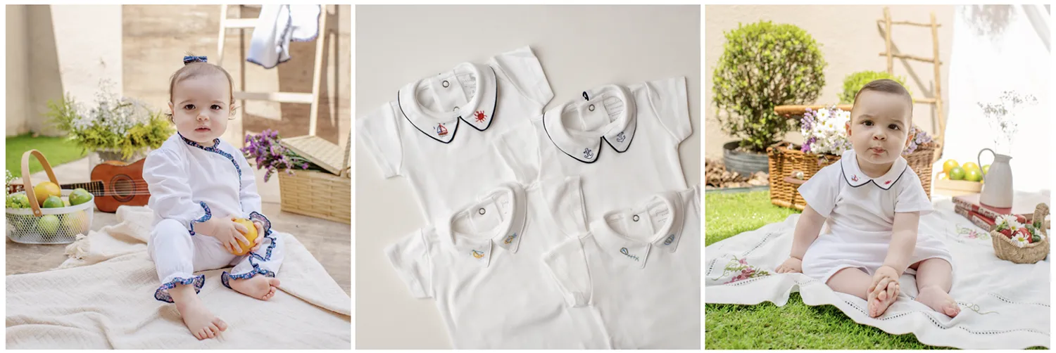 3 fotos de campanha da Passalinho, marca de moda infantil e enxoval para bebês