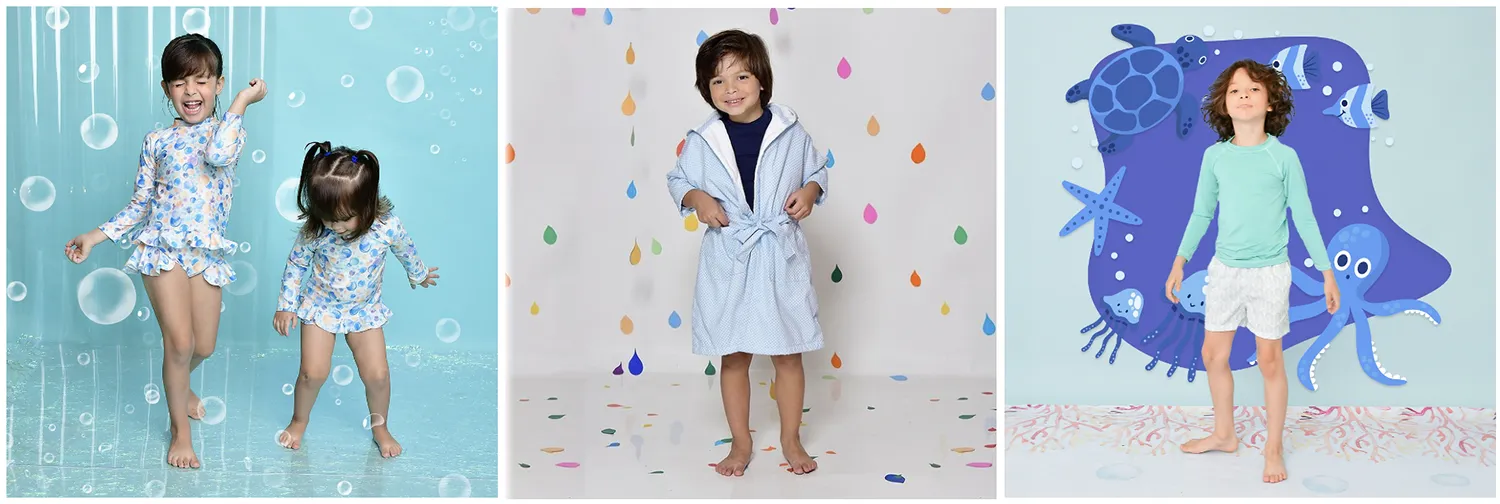 3 fotos de campanha da Starfish Kids, marca de moda praia infantil para menino e menina