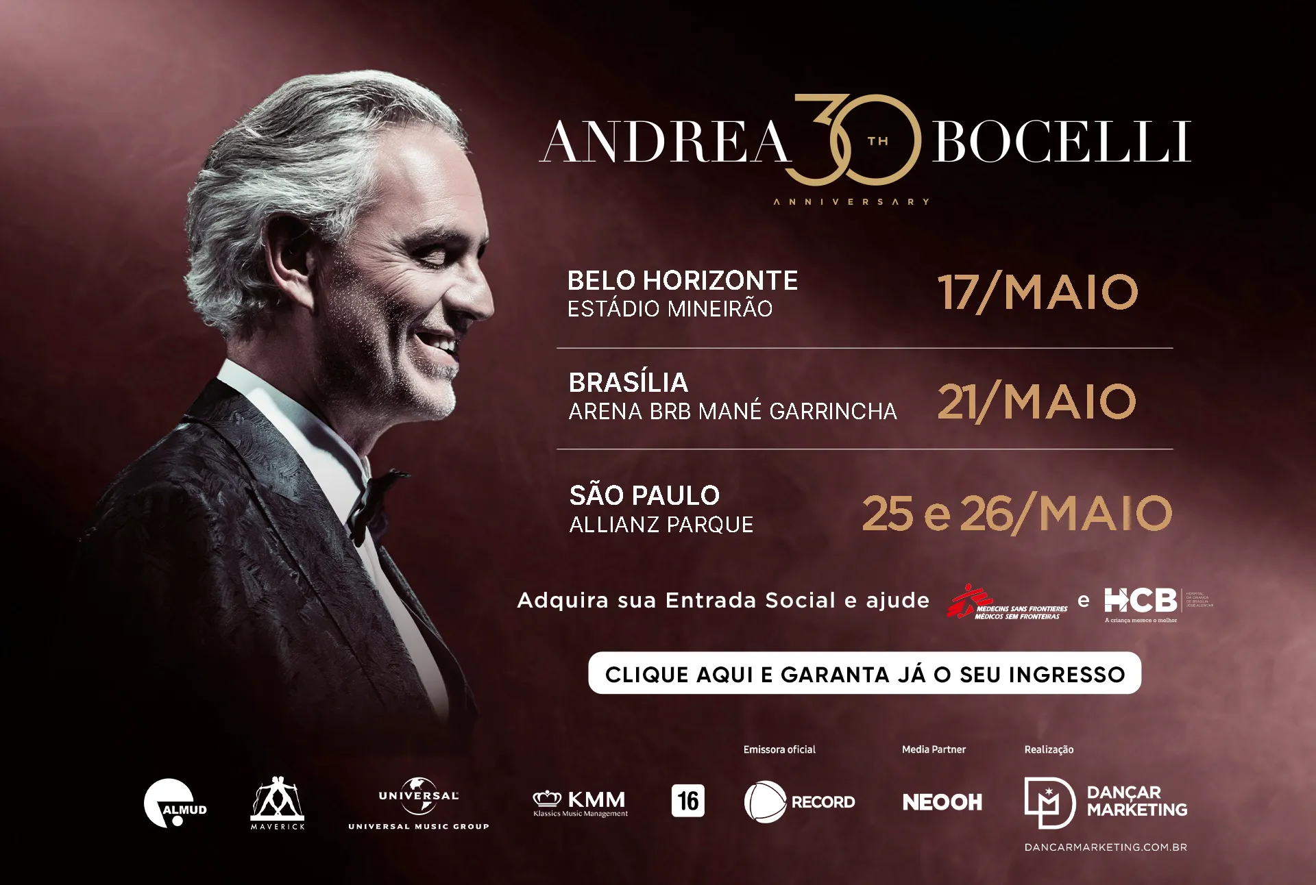 Andrea Bocelli - Brasil 2024 - Eventim - Dançar Marketing - Just Real Moms Informações do show do Andrea Bocelli no Brasil em 2024