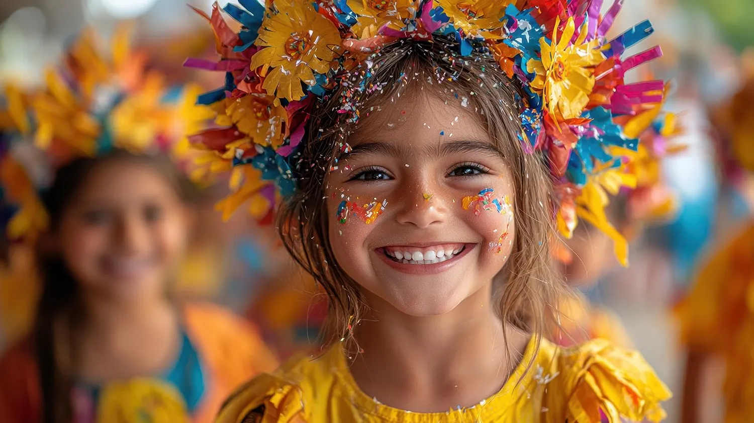 Menina sorrindo para a câmera com um adereço de cabelo para o Carnaval