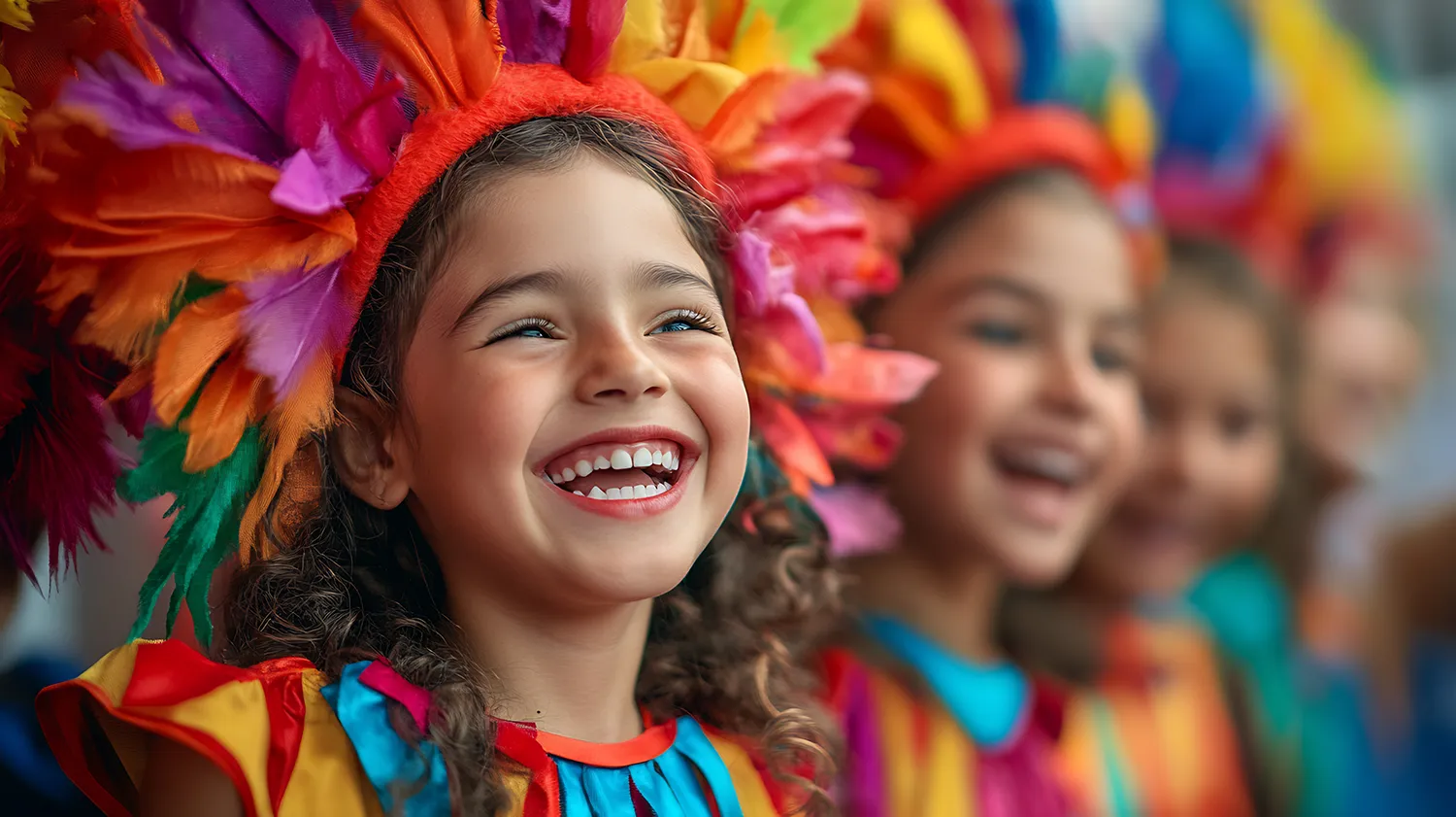 Menina com cocar na cabeça vestida para o Carnaval