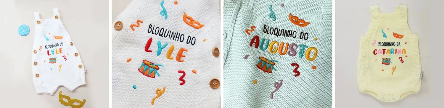 Quatro fotos de rompers infantis da Milkes para os bebês usarem no Carnaval 2025