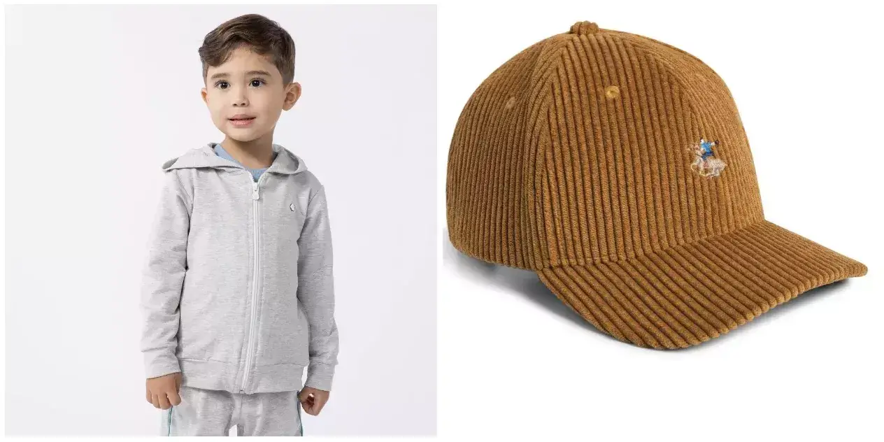 Menino de conjunto de moletom cinza e boné infantil caramelo canelado