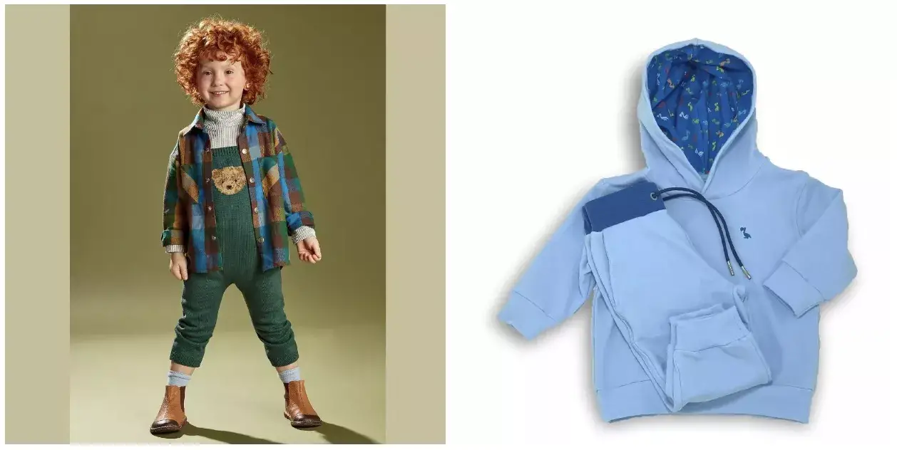 Menino de macacão canelado verde e camisa xadrez por cima, e still de conjunto de moletom azul claro