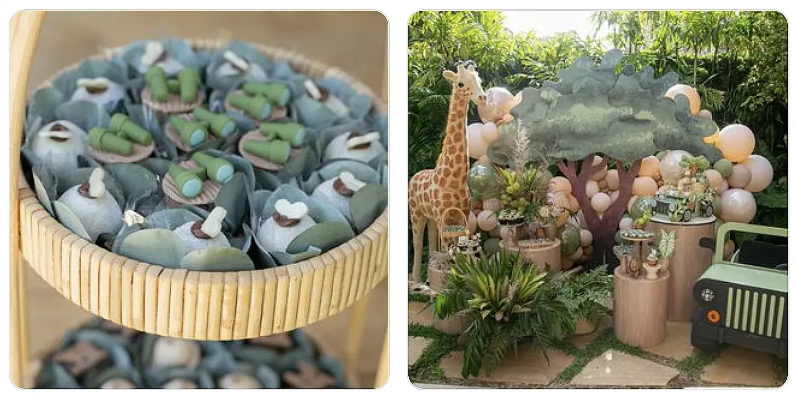 duas fotos de festa infantil com tema Safari pela Voilá Festas locações