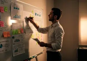 Profissional analisando dados em quadro branco, ilustrando o papel do PMO.