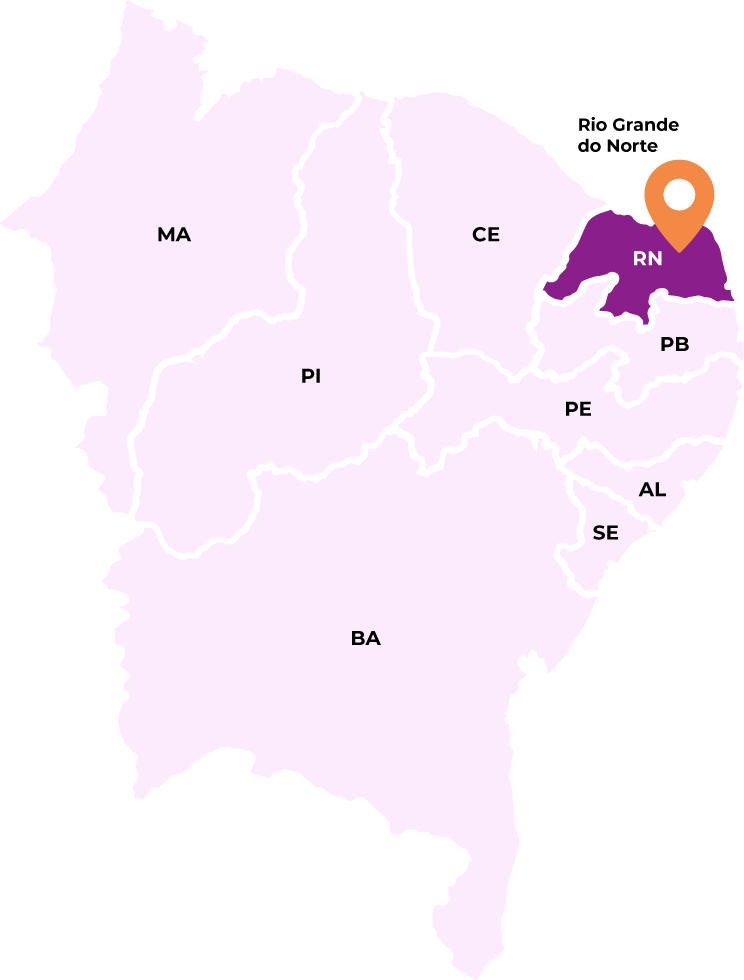 Mapa do Nordeste com Rio Grande do Norte em destaque